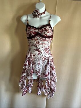Unique Vintage Burgundy and Cream Floral Ruffle Slip Top